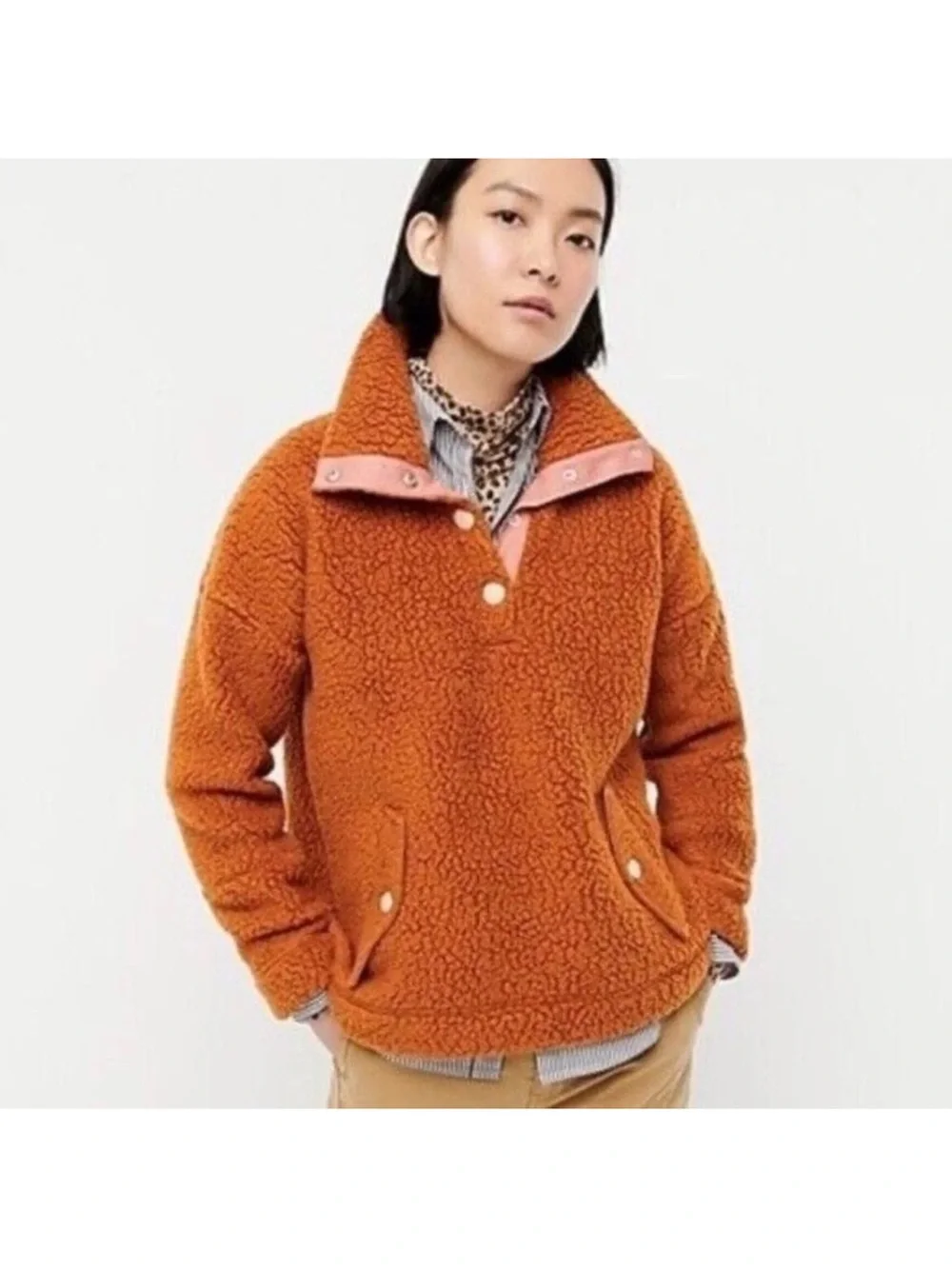 J CREW Women's orangish Brown Snap-collar sherpa sweatshirt size small